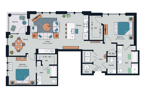 Floor plan for 2 beds, 2.5 baths, 1568 sqft
